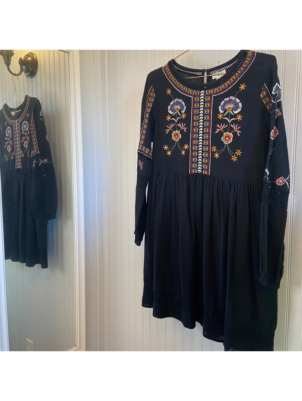 World Market Dress Black Embroidered Boho Prairie Folk Puff Sleeve Cottagecore